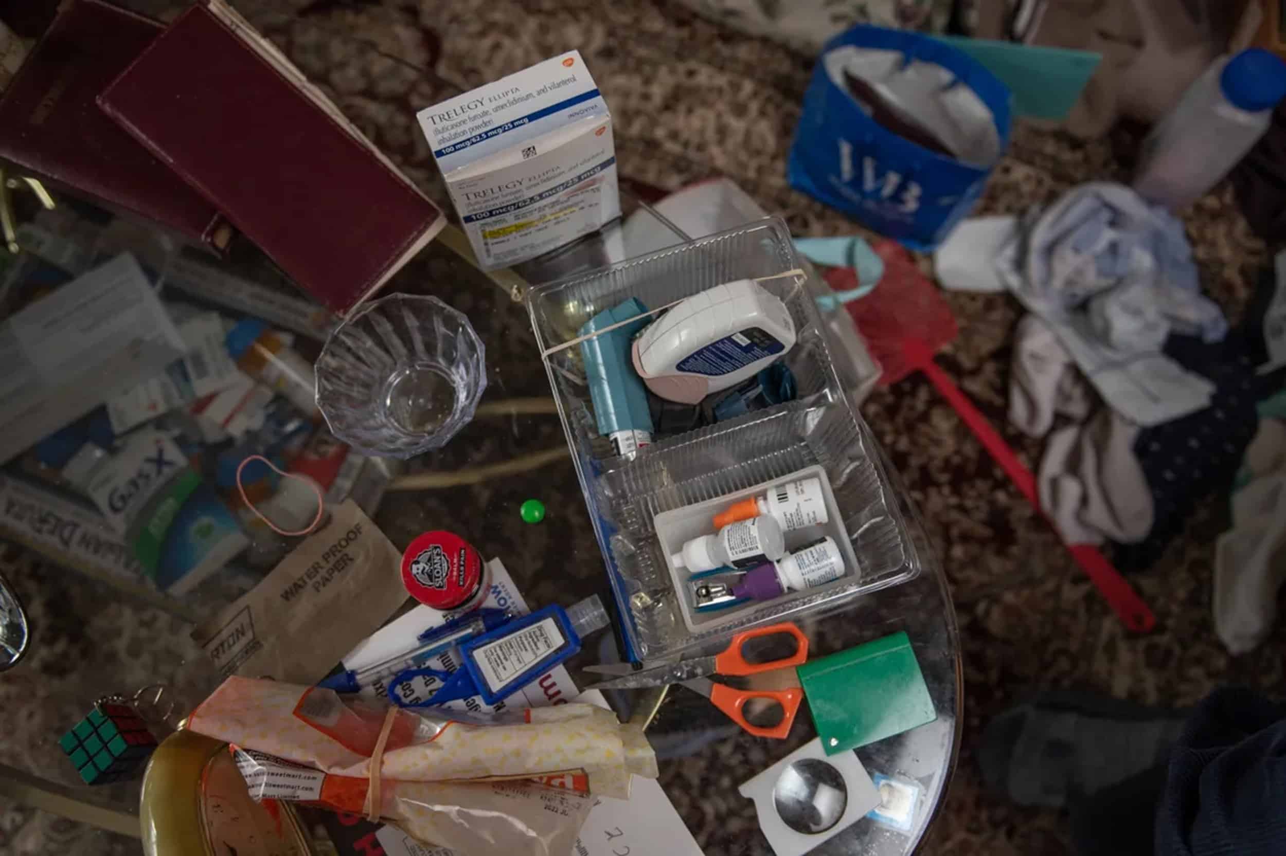 Sabbar Khalil’s medications stay on the family room table for easy access. Photo by Sree Sripathy for India Currents/CatchLight Local