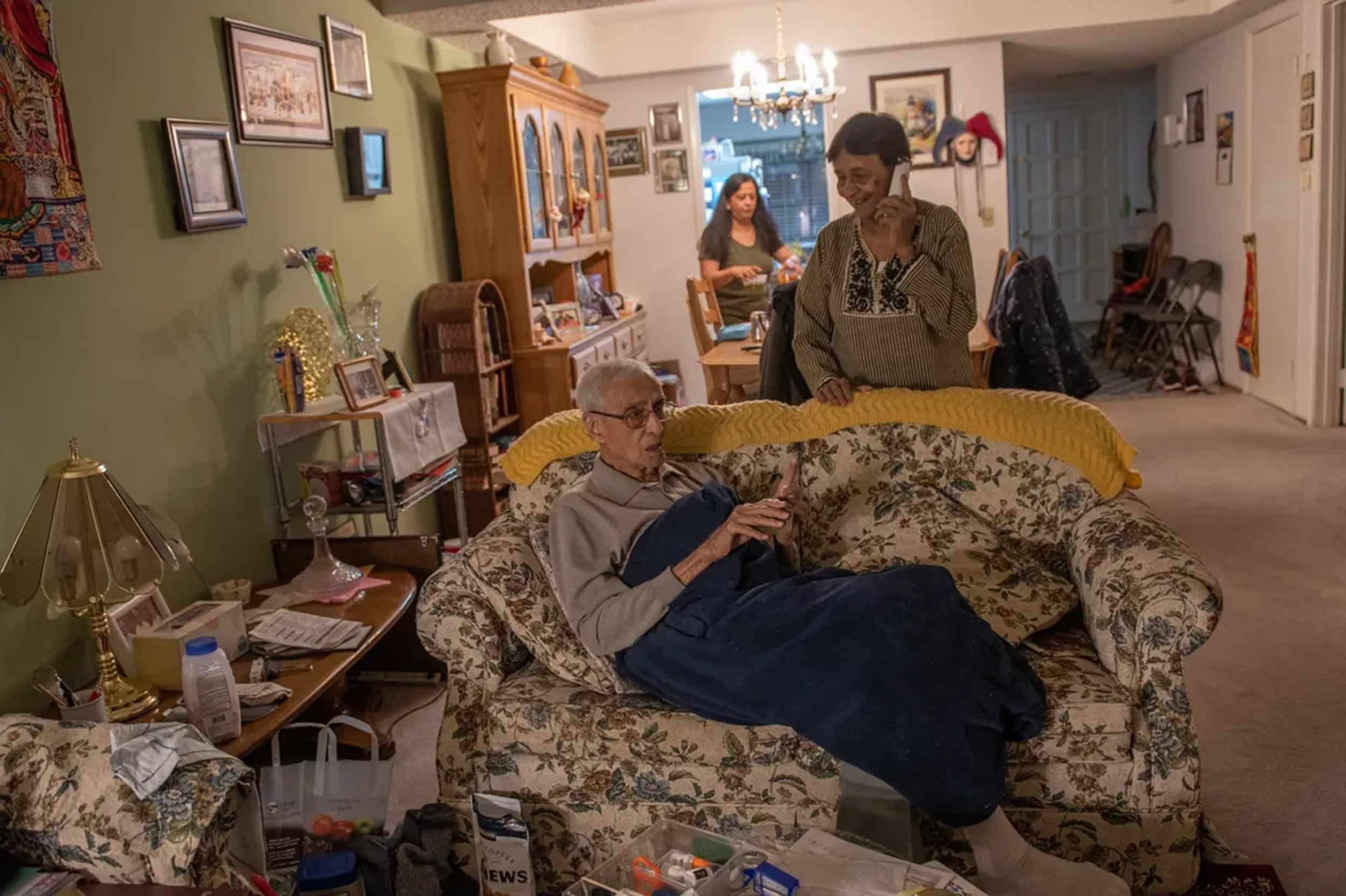 Sabbar and Tahera Khalil lounge in their living room  just before dinner time. Photo by Sree Sripathy for India Currents/CatchLight Local